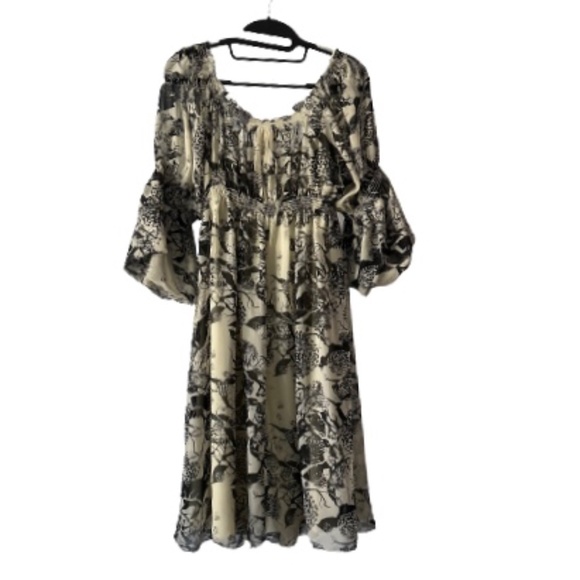 Max Studio Small Women's Black and Tan Midi Dress 3/4 Bell Sleeves Boho Relaxed - Picture 10 of 15